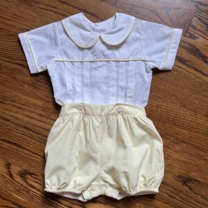 White Short-Sleeve Peter Pan Collar Baby Romper with Pale Yellow Shorts